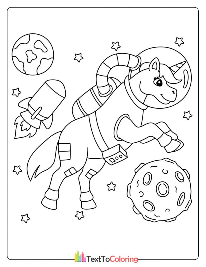 Unicorn astronaut floating in space with planets and stars coloring page