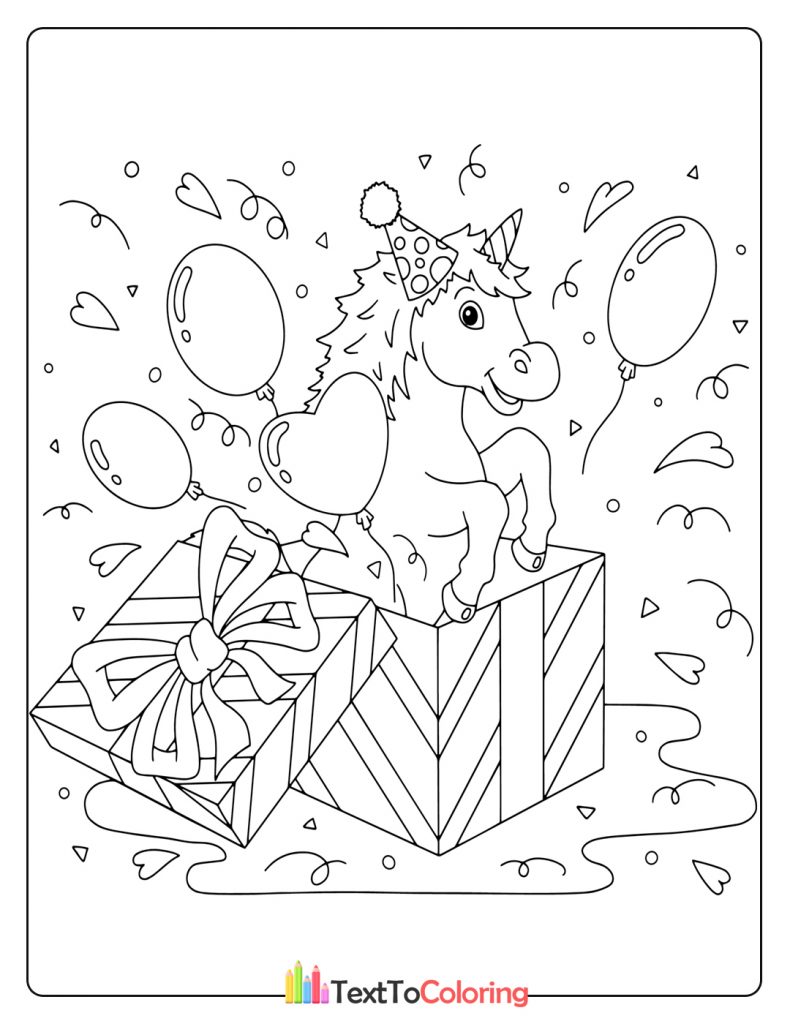 Happy unicorn sitting on a gift box with balloons around