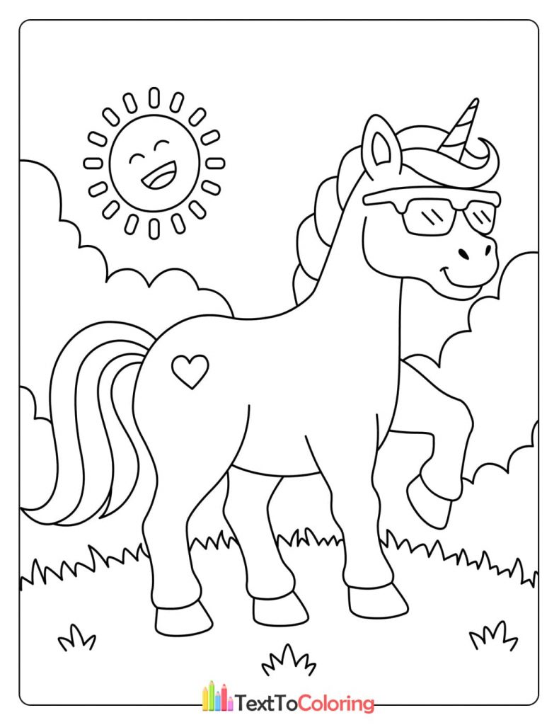 Unicorn wearing sunglasses standing under the sun coloring page