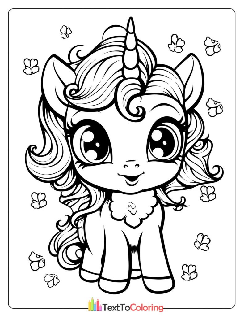 Adorable baby unicorn with big eyes and curly mane black and white coloring page