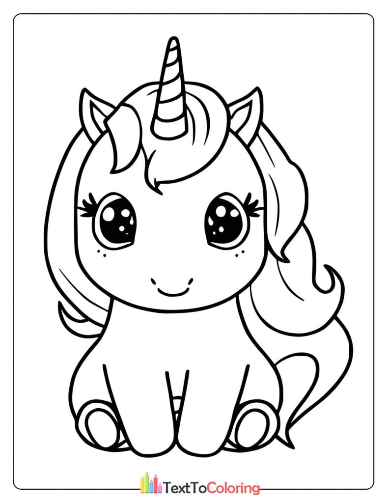 Cute baby unicorn sitting with big eyes coloring page