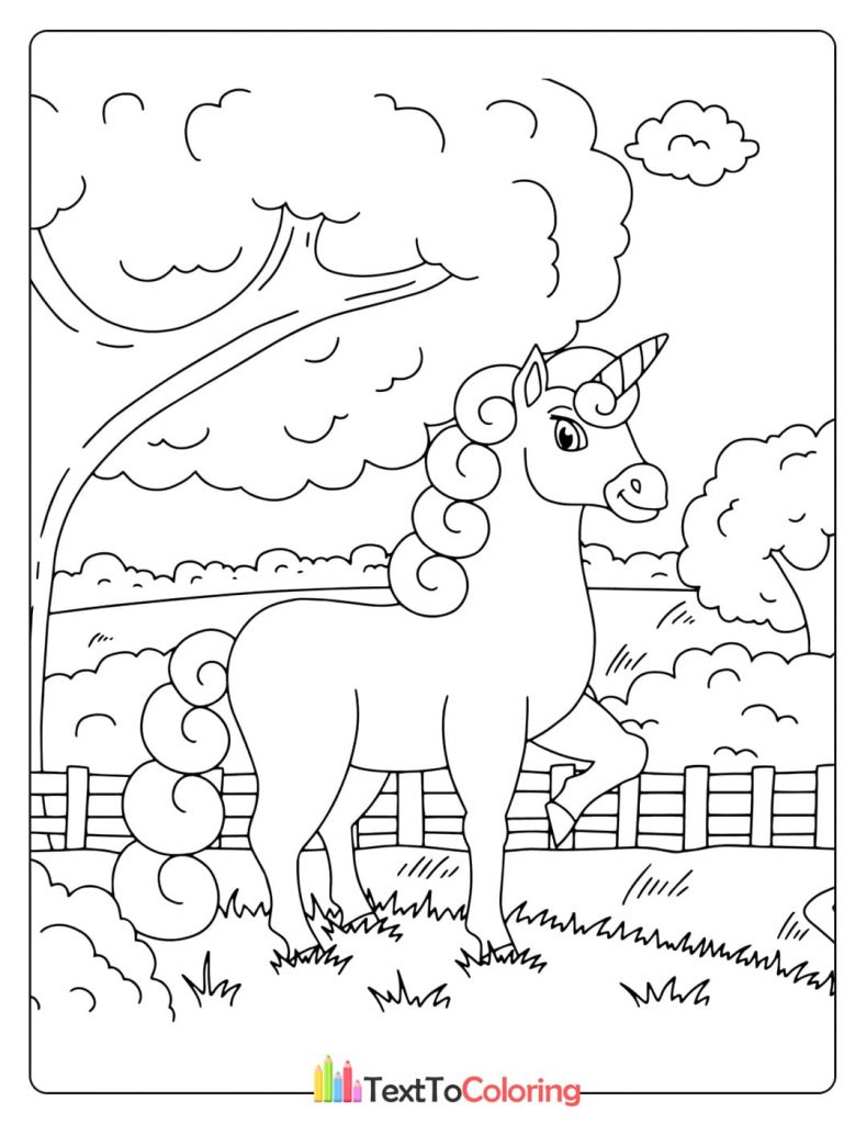 Unicorn with curly mane standing in a peaceful pasture black and white coloring page