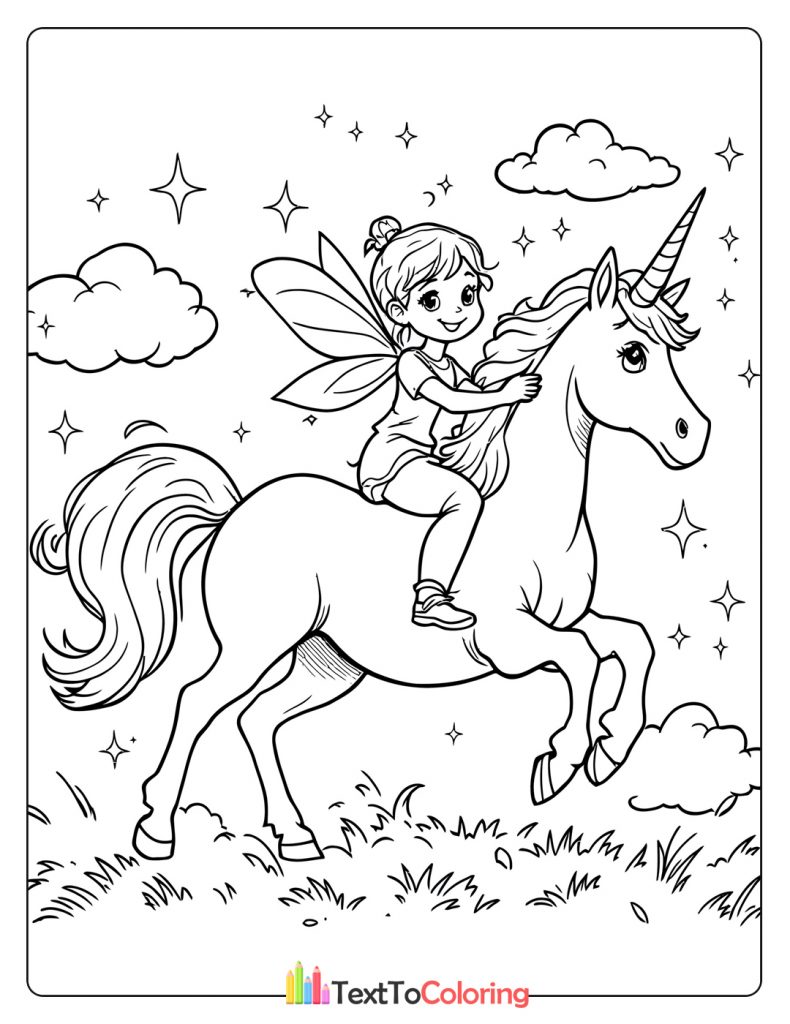 Fairy riding on a unicorn through the clouds.