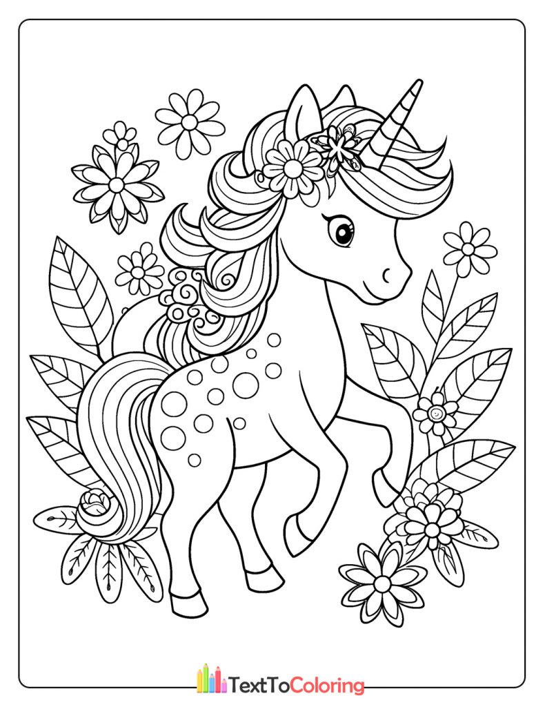 Graceful unicorn surrounded by large flowers and decorative leaves.