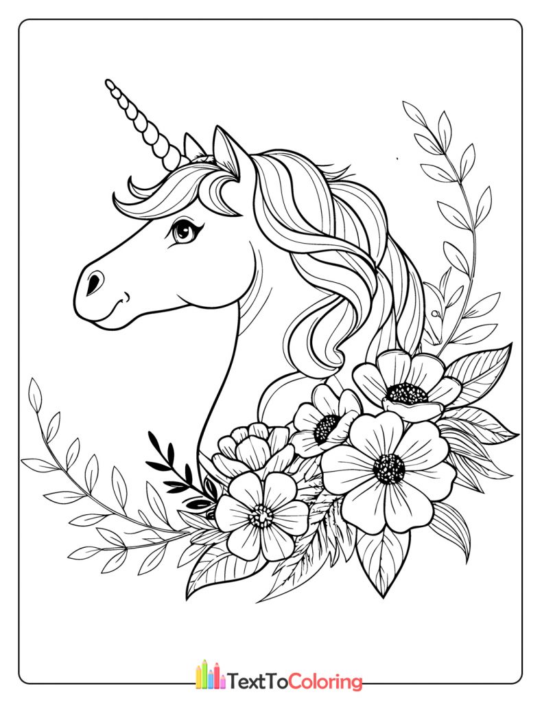 Elegant unicorn head framed by blooming flowers
