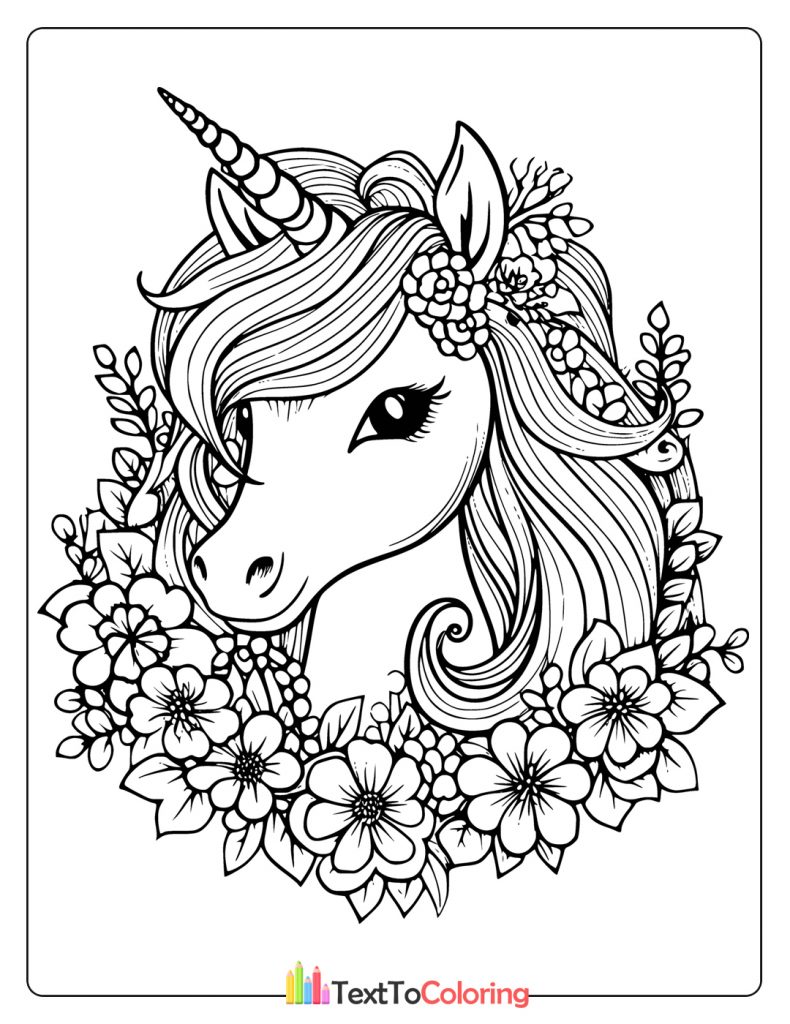 Elegant unicorn head framed with flowers and leaves.