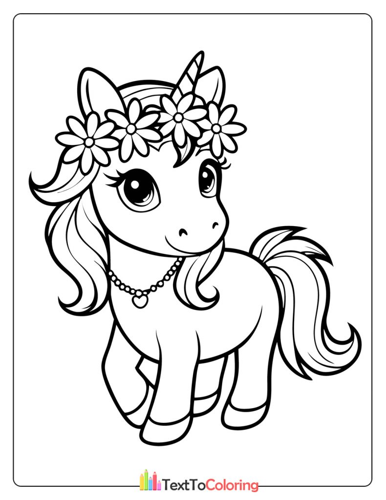 Sweet unicorn wearing a daisy flower crown.