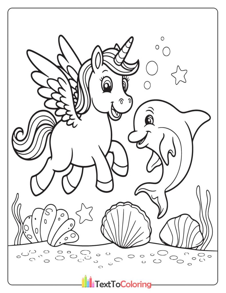 Winged unicorn flying underwater with friendly dolphin coloring page