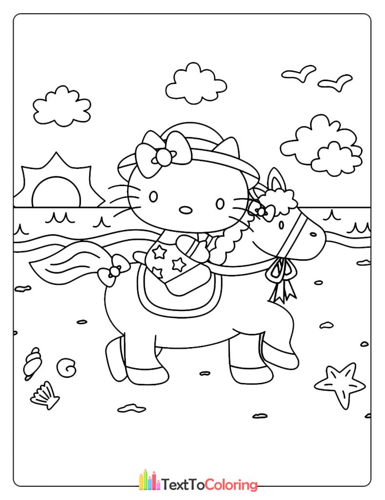 Free Hello Kitty coloring page of her riding a horse along the beach
