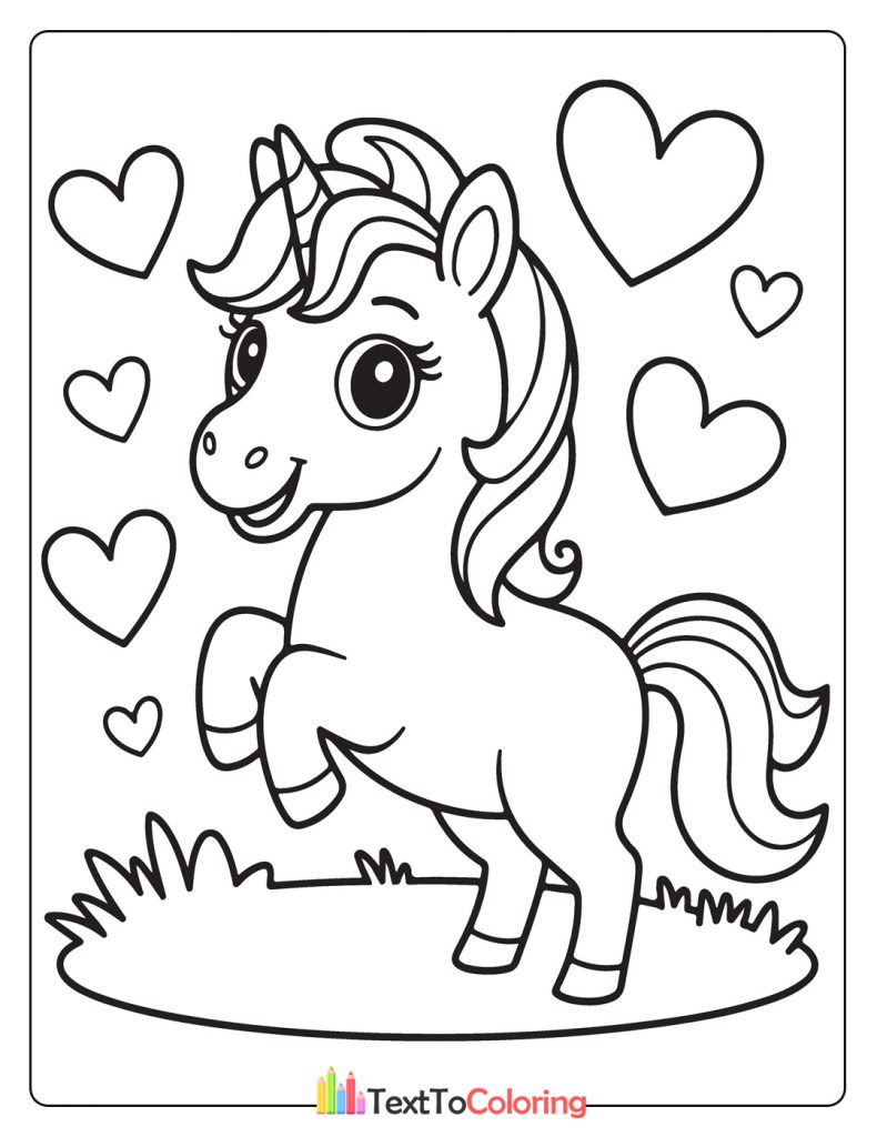 Cute unicorn surrounded by playful hearts