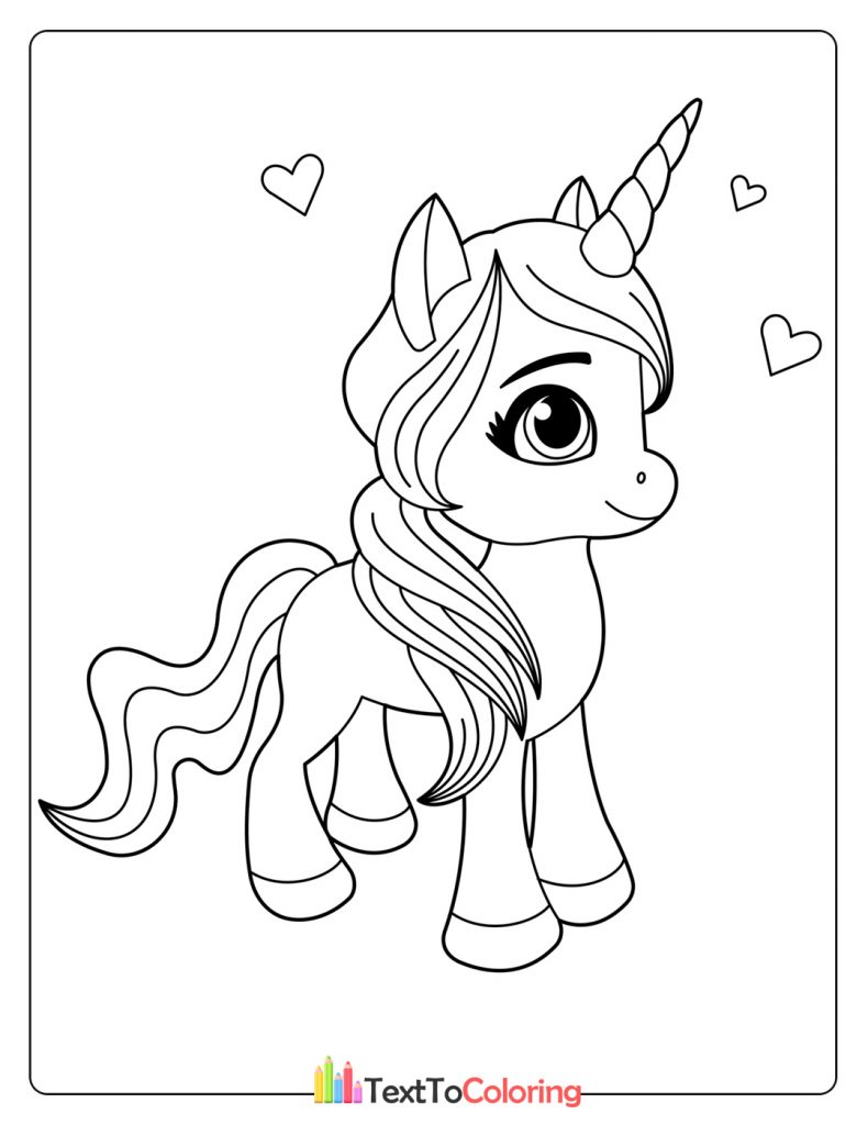 Playful unicorn surrounded by hearts.