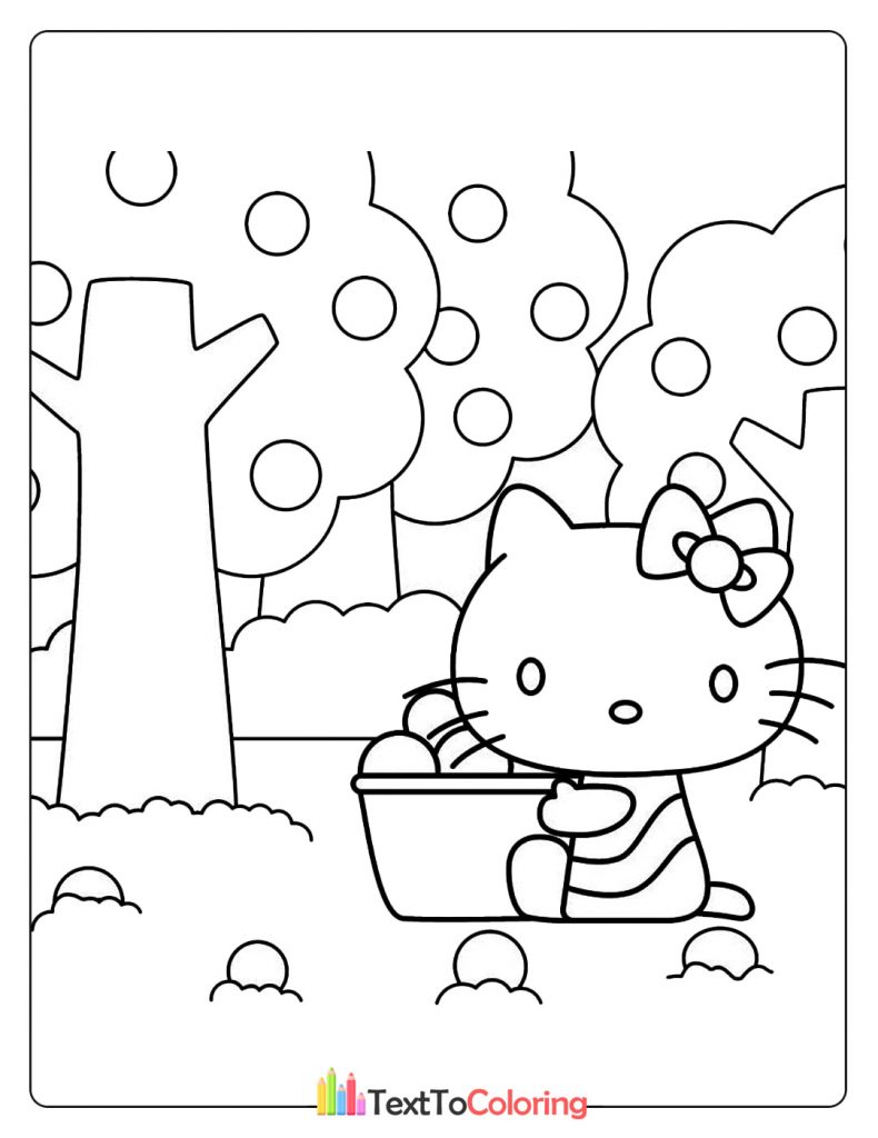 Hello Kitty carrying a basket outdoors in an autumn forest