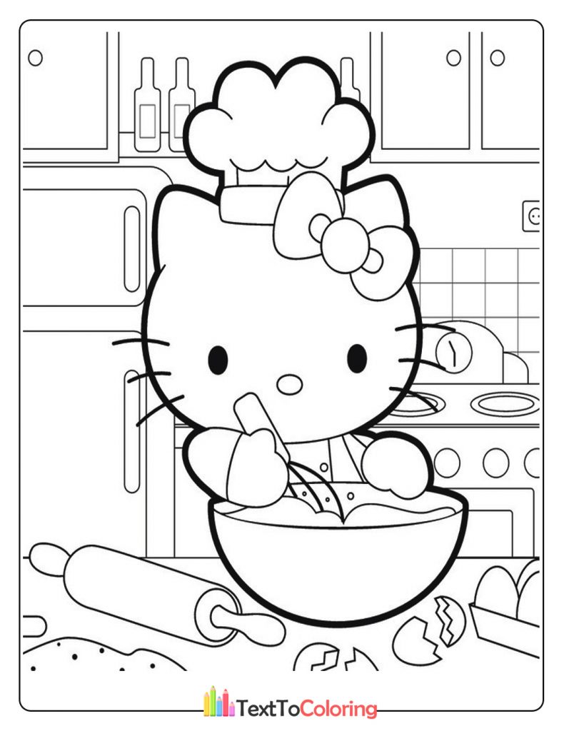 Hello Kitty baking a cake coloring page.