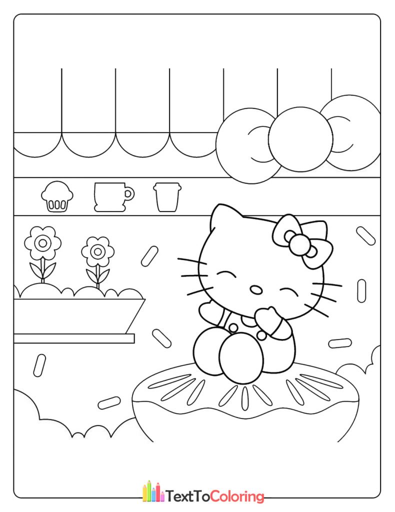 Hello Kitty sitting with balloons and a decorated party background