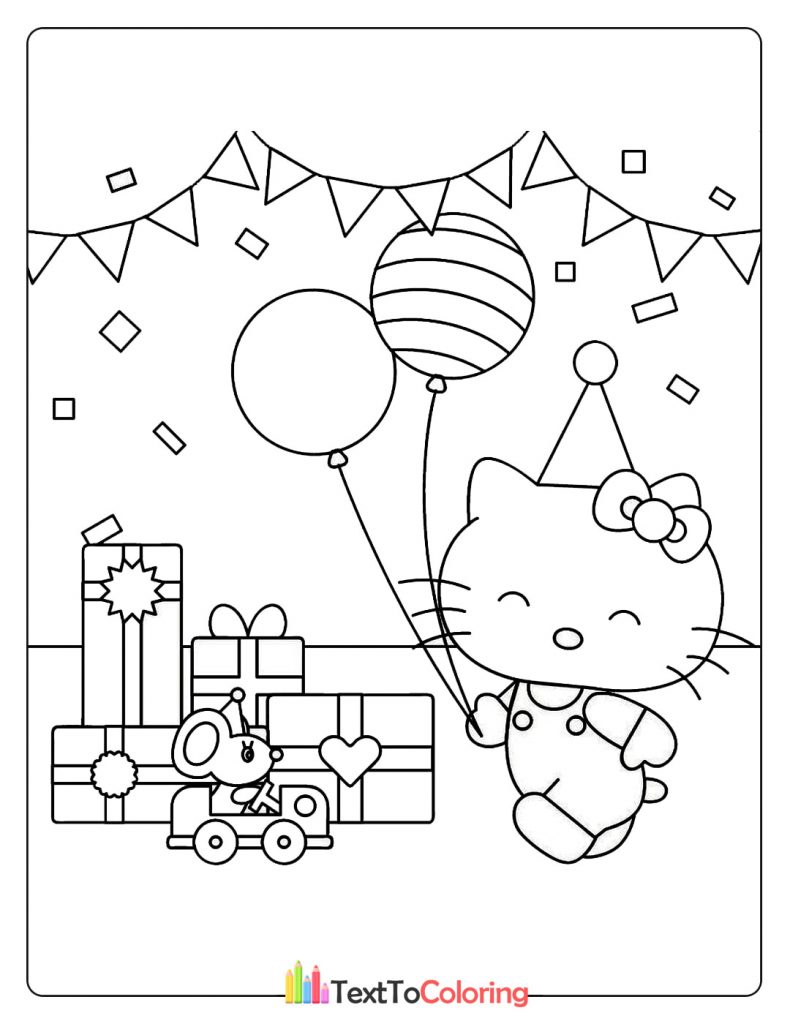Hello Kitty at a birthday party with balloons and presents
