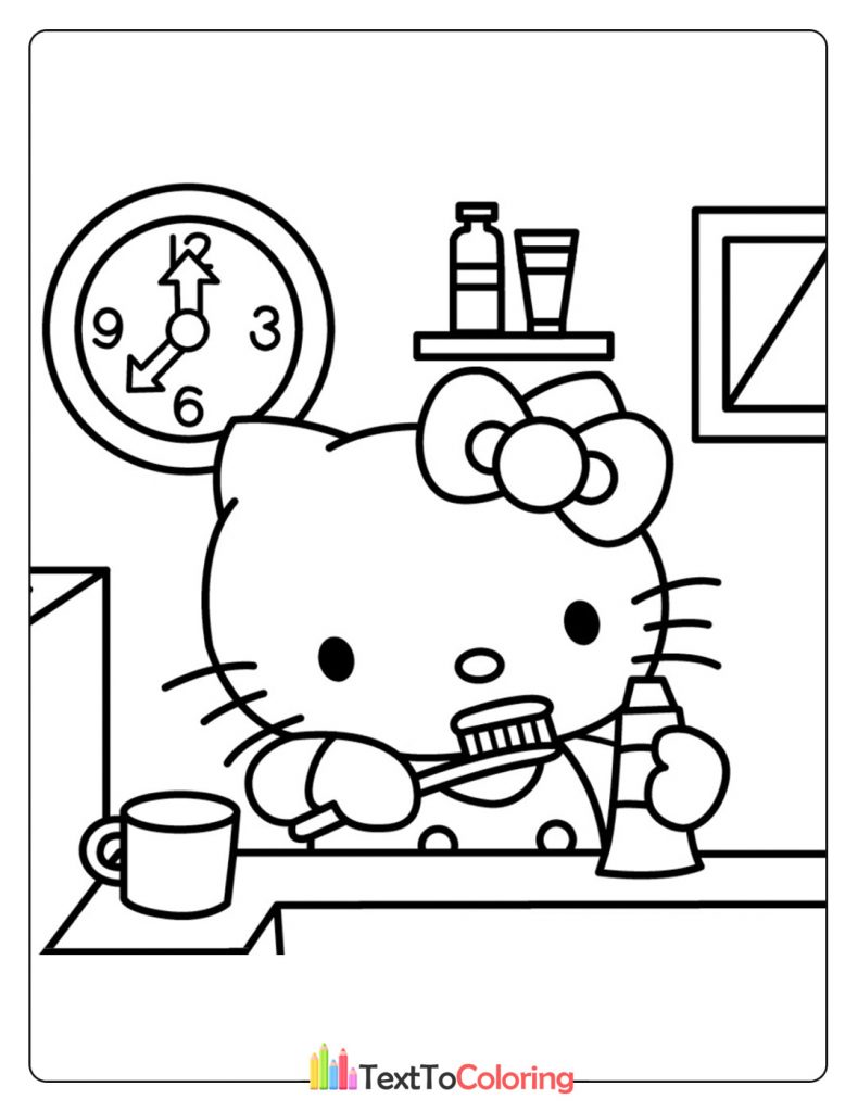 Hello Kitty brushing her teeth in the bathroom with a toothbrush and cup