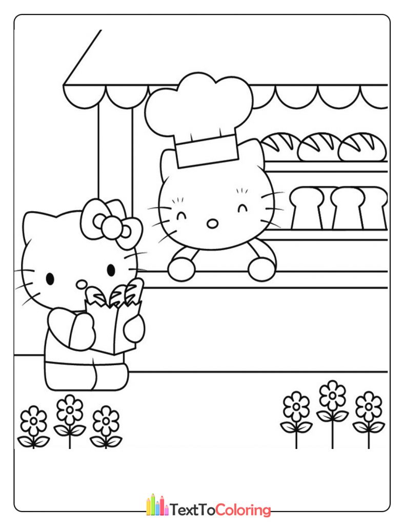Hello Kitty buying bread at the bakery coloring page