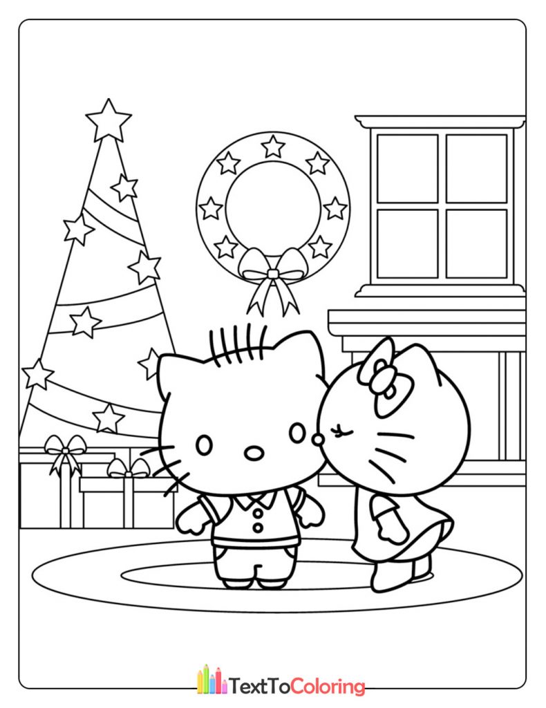 Hello Kitty kissing a friend near a decorated Christmas tree outdoors