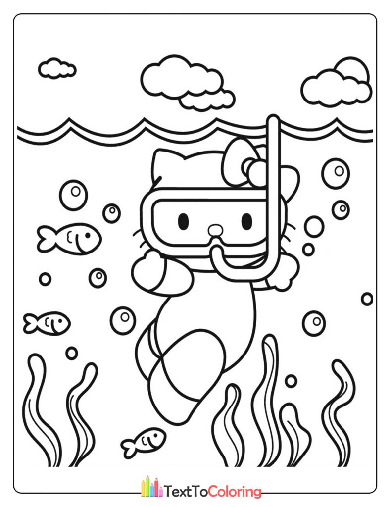 Hello Kitty diving under the sea coloring page