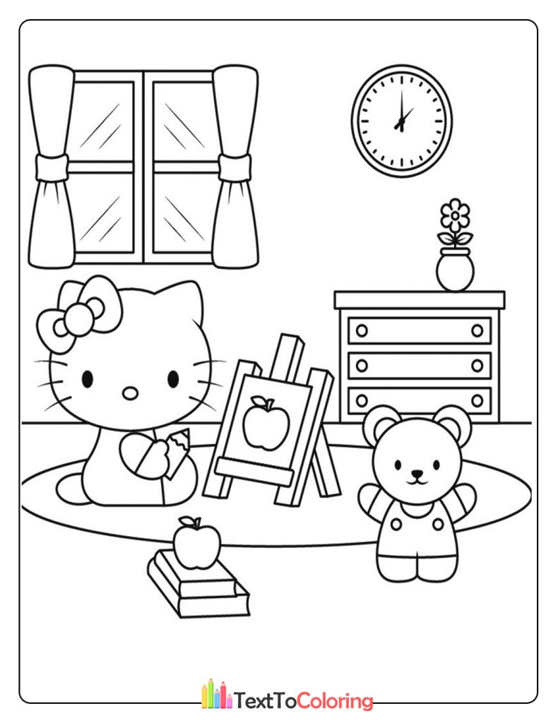 Hello Kitty drawing an apple coloring page