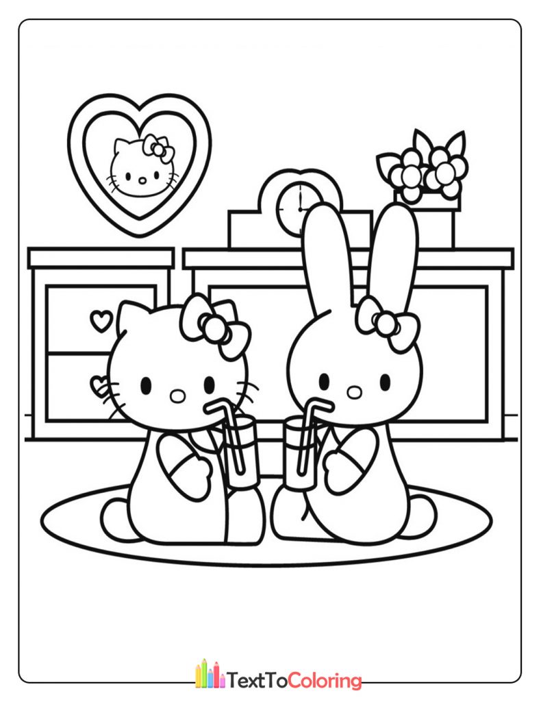 Hello Kitty drinking juice with her best friend coloring page