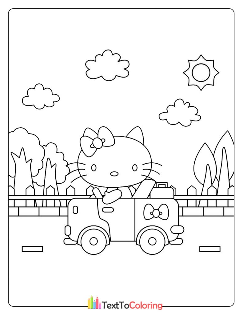 Hello Kitty driving a car on the road with clouds and sun in the background