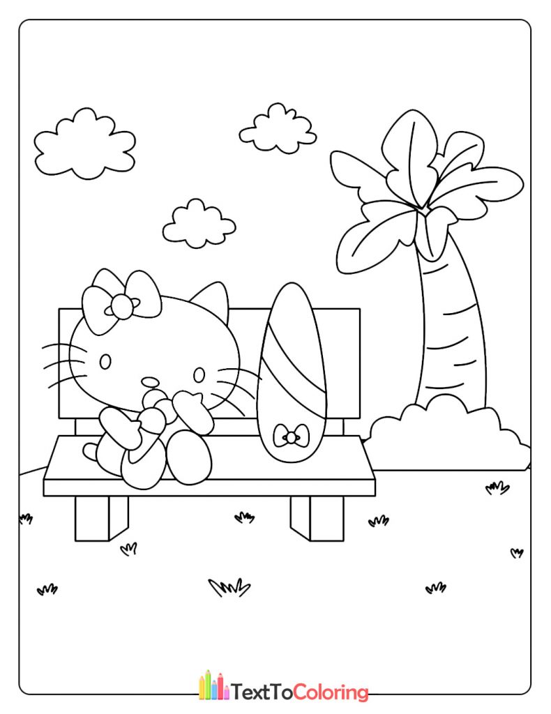 Free printable Hello Kitty coloring page of her eating ice cream on a bench under a palm tree