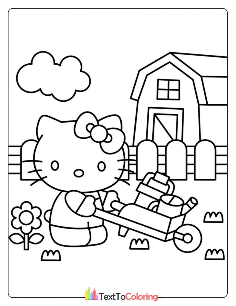 Hello Kitty using a lawn mower in front of a barn with flowers nearby
