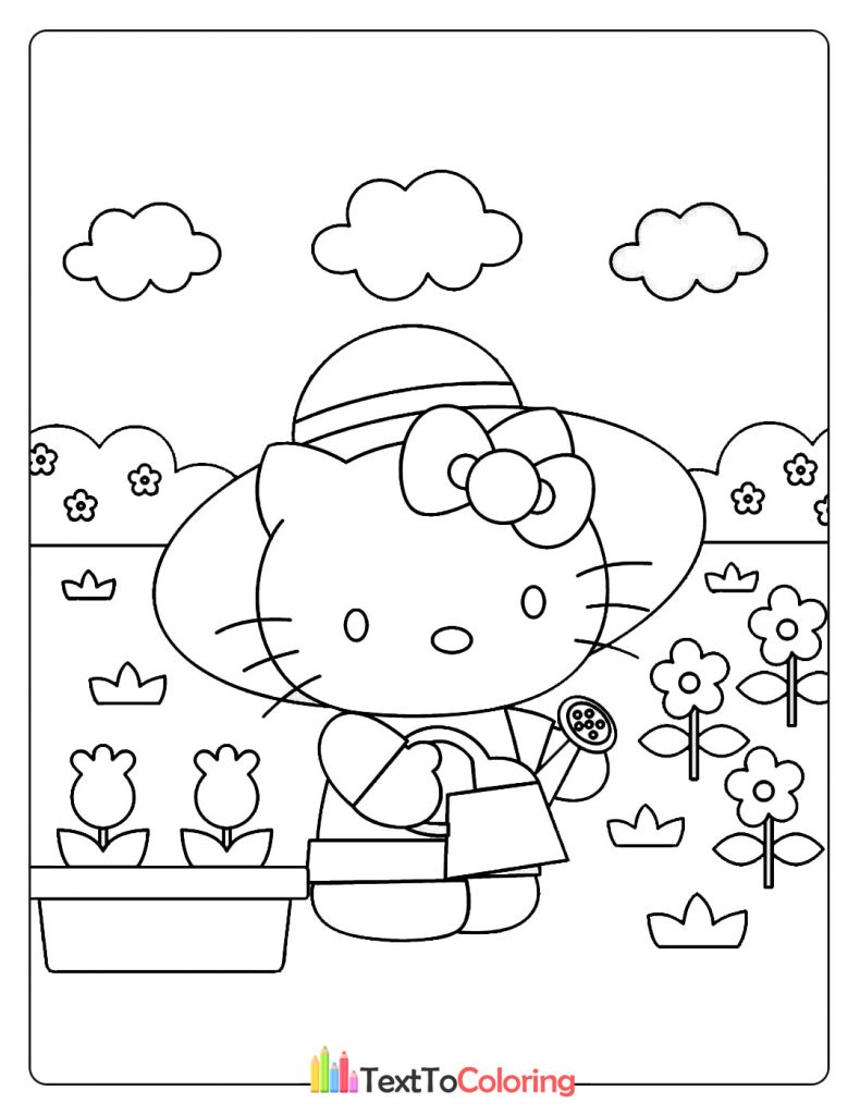 Hello Kitty watering flowers in the garden under sunny skies