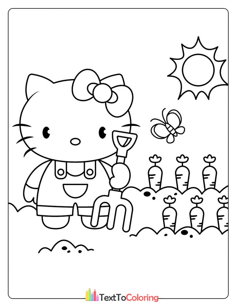 Hello Kitty watering carrots in the garden under the sun