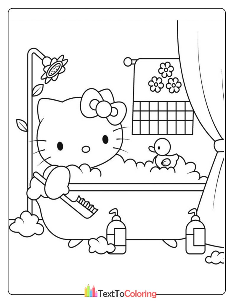 Hello Kitty taking a relaxing bath coloring page