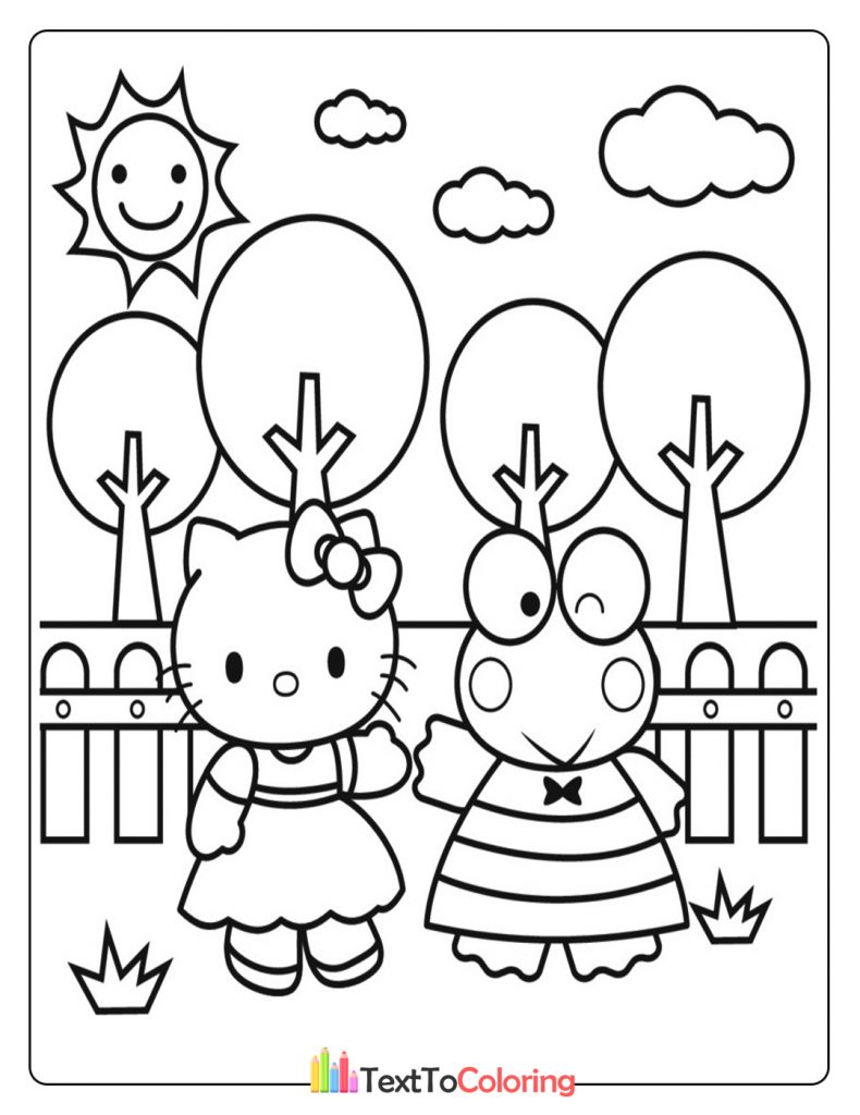 Hello Kitty enjoying a sunny day in the park coloring page