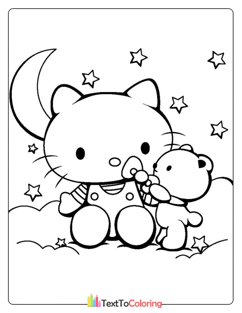 Hello Kitty sitting under the moonlight with a teddy bear