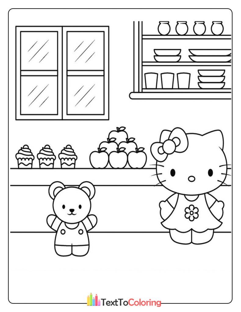 Hello Kitty at a shop stall coloring page