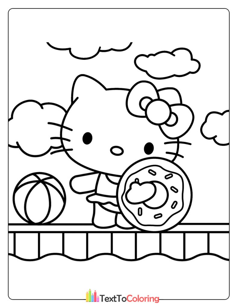 Hello Kitty painting a picture while standing by the beach with a ball
