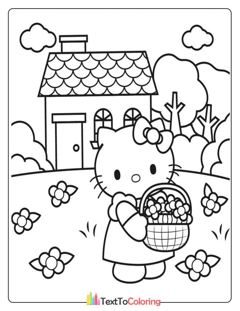 Hello Kitty picking colorful flowers in the garden coloring page