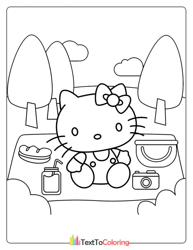 Hello Kitty having a picnic with food and drinks under the trees