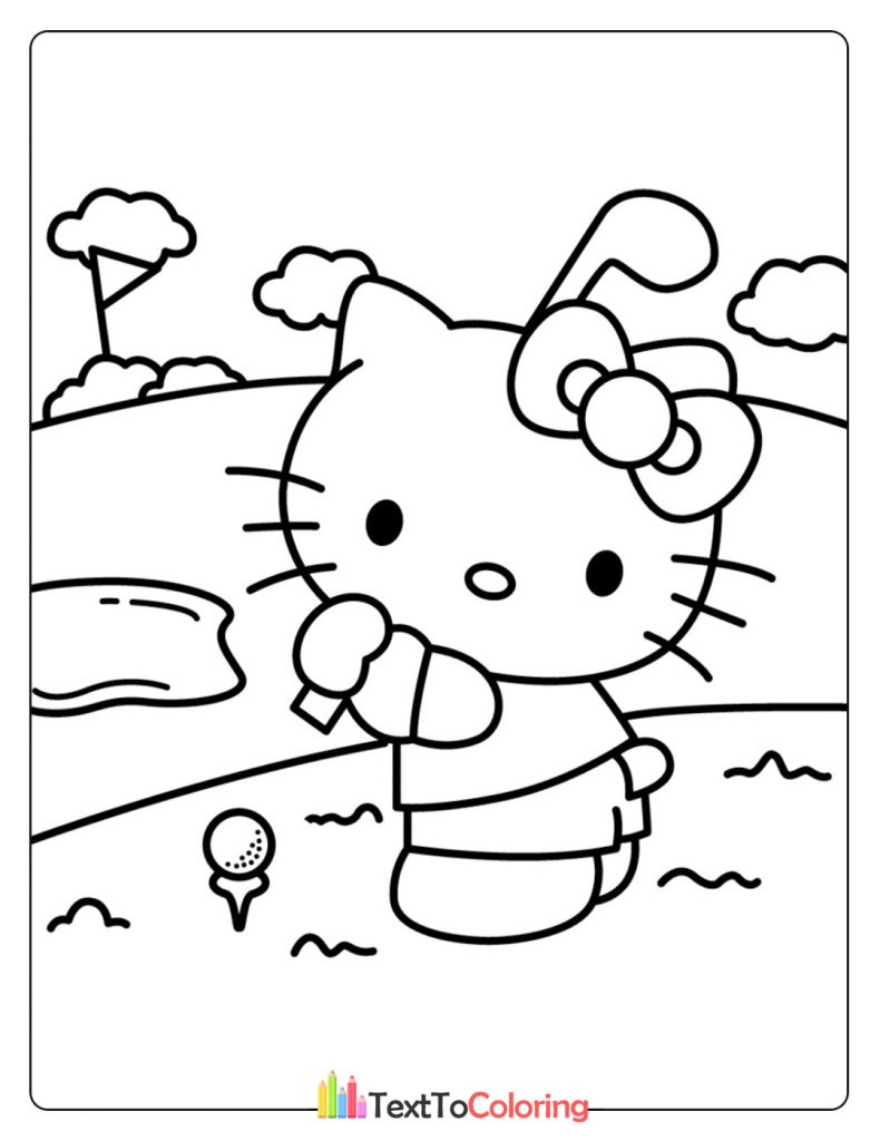 Free printable Hello Kitty coloring page of her playing golf outdoors on a sunny day