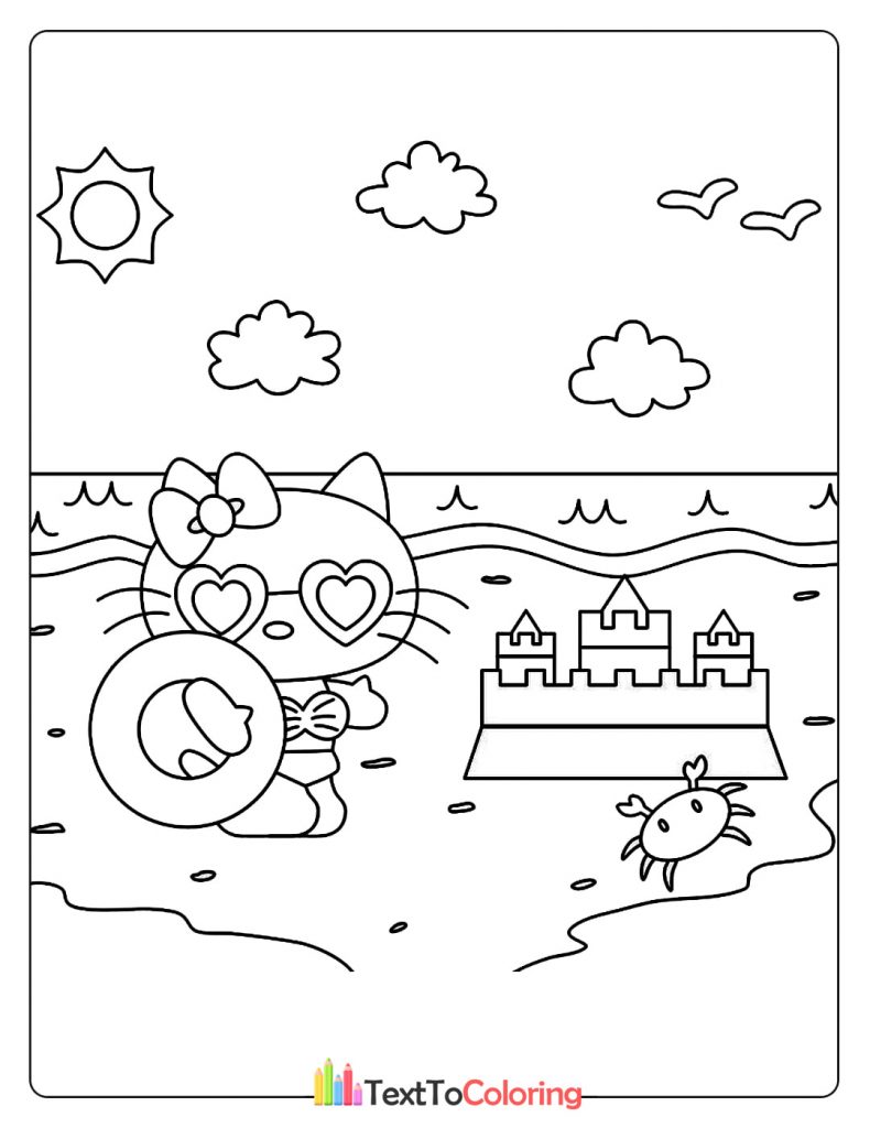 Hello Kitty playing with a beach ball and sandcastle near the ocean