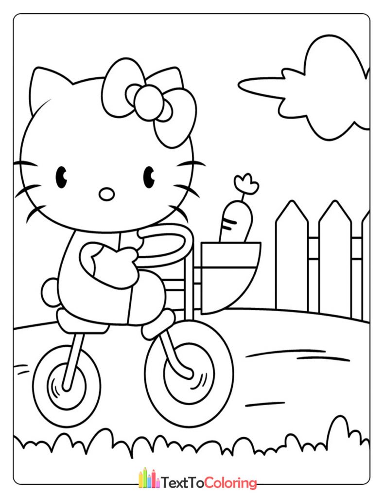 Hello Kitty riding a bike near a garden fence on a sunny day