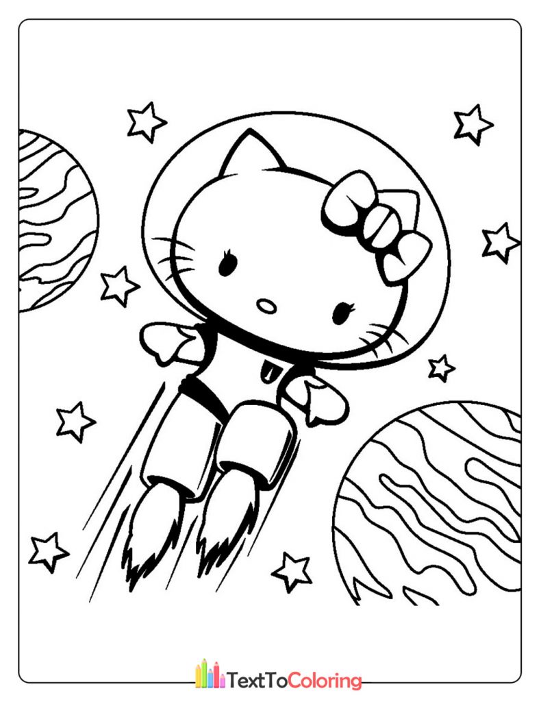 Hello Kitty flying in space with a rocket and planets in the background