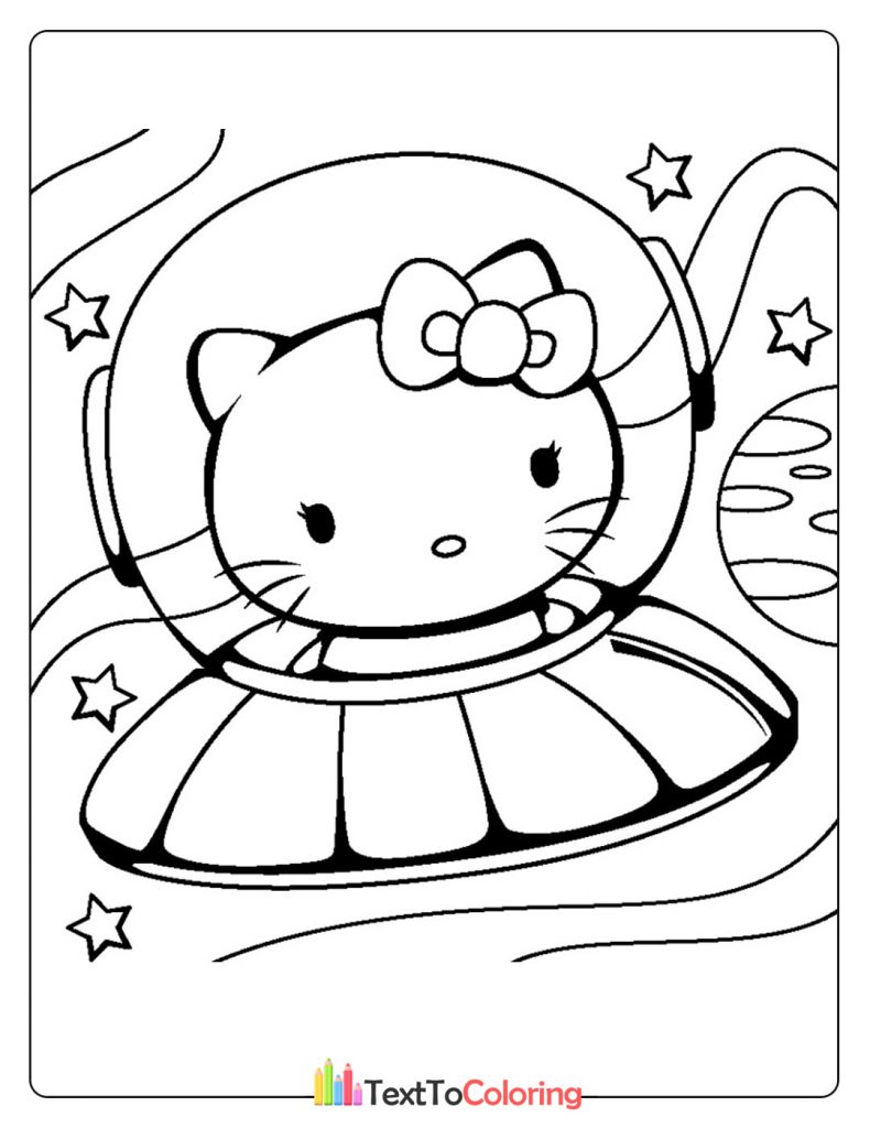 Hello Kitty riding in a UFO spaceship surrounded by stars and planets