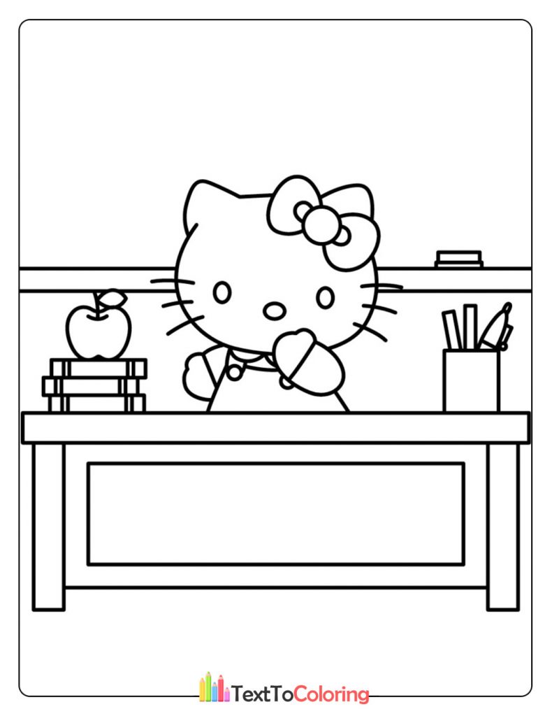 Hello Kitty sitting at a desk with books and an apple