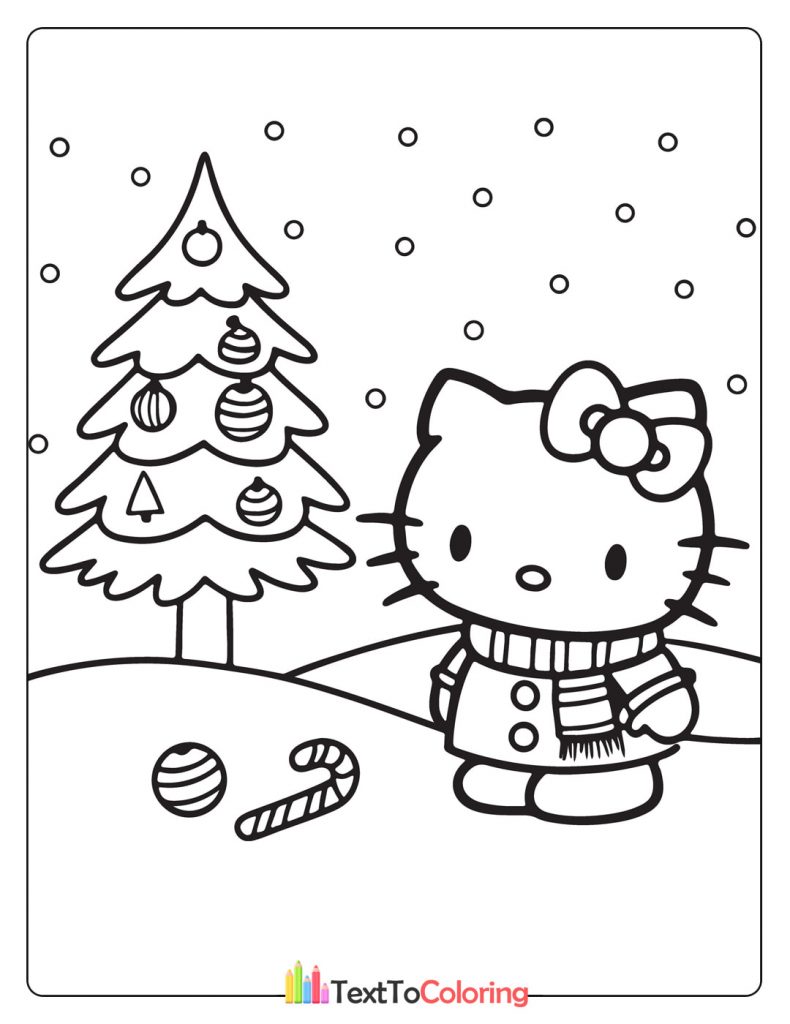 Hello Kitty standing in a snowy winter scene with Christmas tree and candy canes