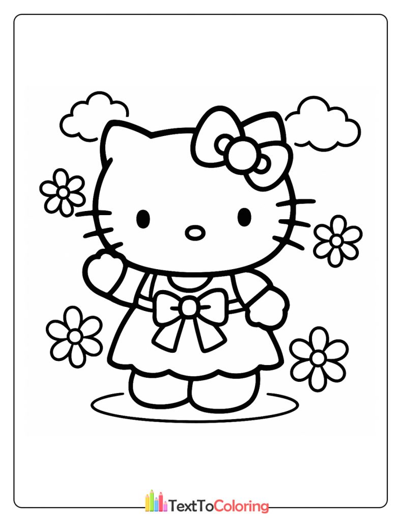 Hello Kitty width small flowers coloring page