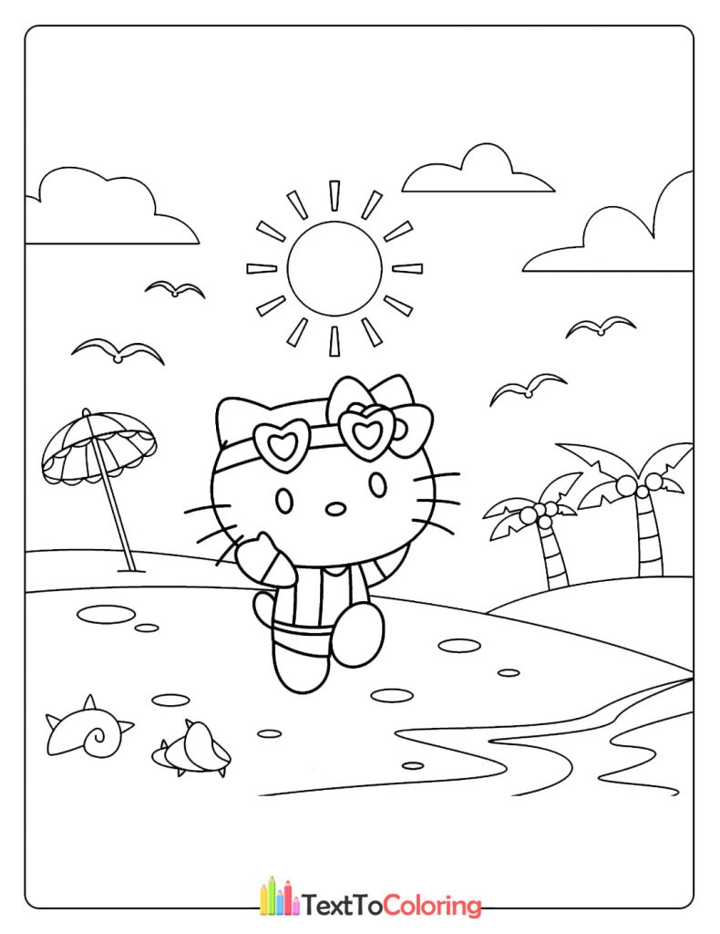 Hello Kitty walking on the beach with seashells, umbrella, and sun in the background