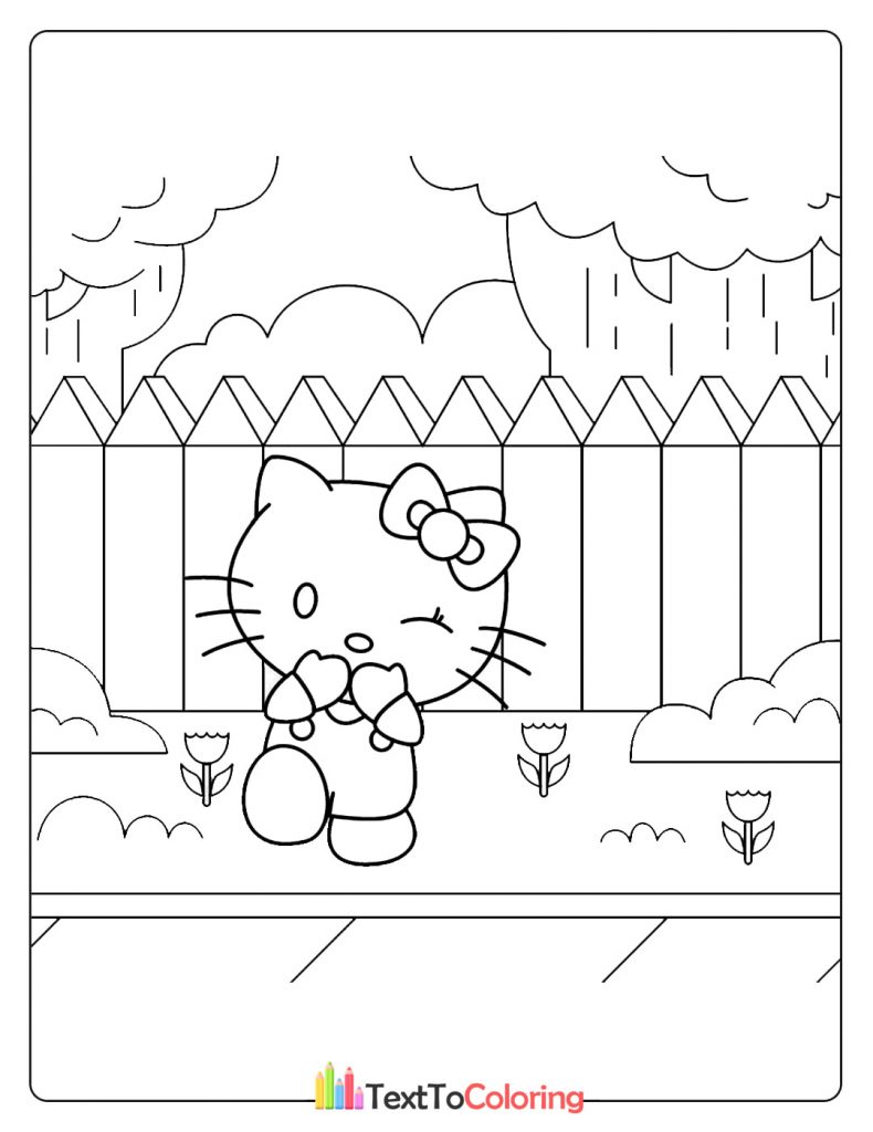 Hello Kitty standing in a garden with a fence and flowers
