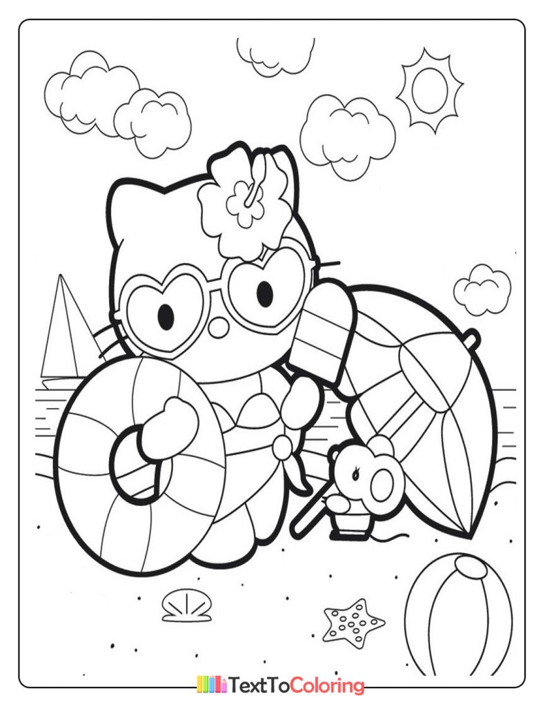 Hello Kitty having fun on the beach coloring page