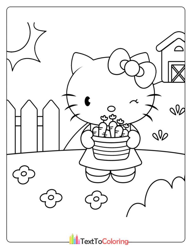 Hello Kitty carrying a basket full of carrots in the garden