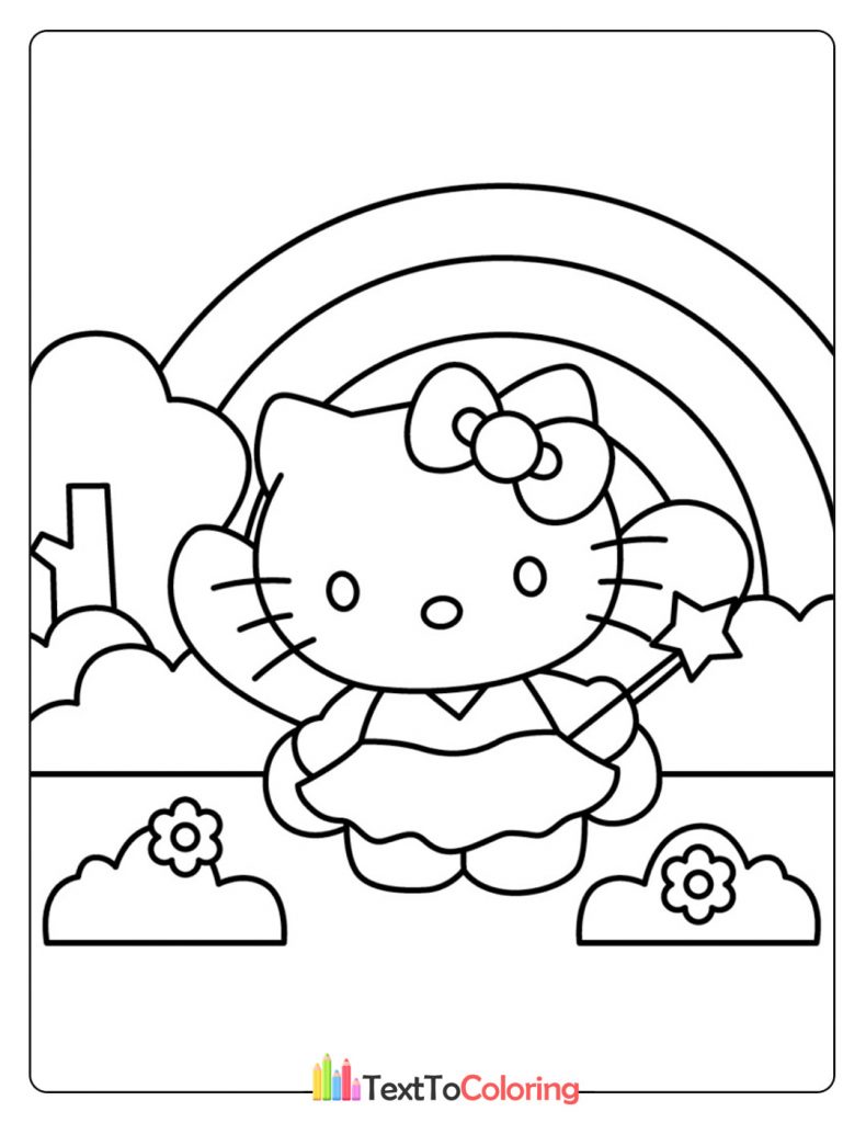 Hello Kitty standing in a garden with a rainbow in the background